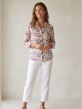 Anthropologie Carolyn Gavin Mariposa Silk Blouse Colorful Butterfly Print Small